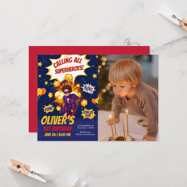 Modern, Superhjälte pojke foto födelsedags  Inbjudningar (Fram/Back In Situ)