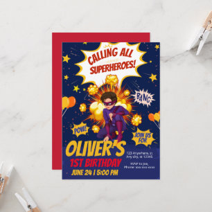Modern, superhjälte-pojkfödelsedag inbjudningar