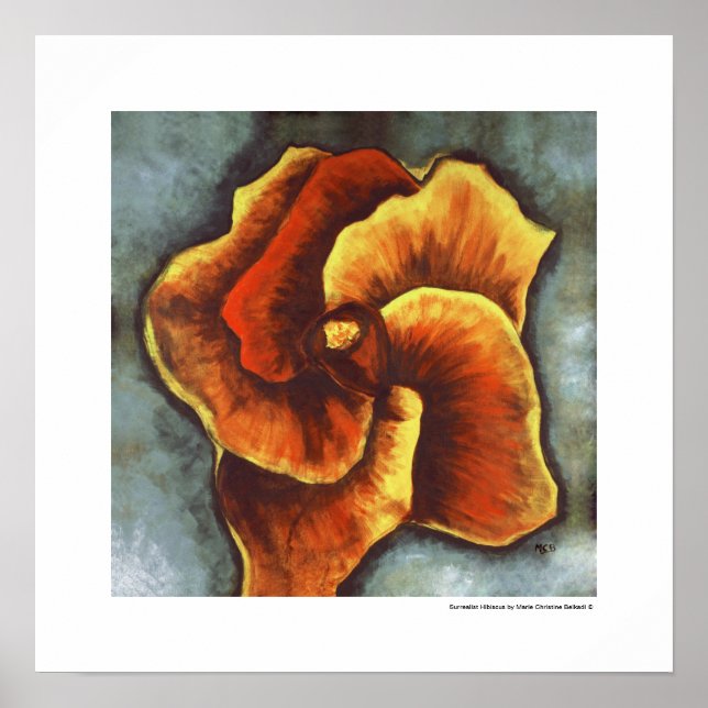 Modern Surreal Gult Orange Hibiscus Flower Grått Poster (Framsidan)