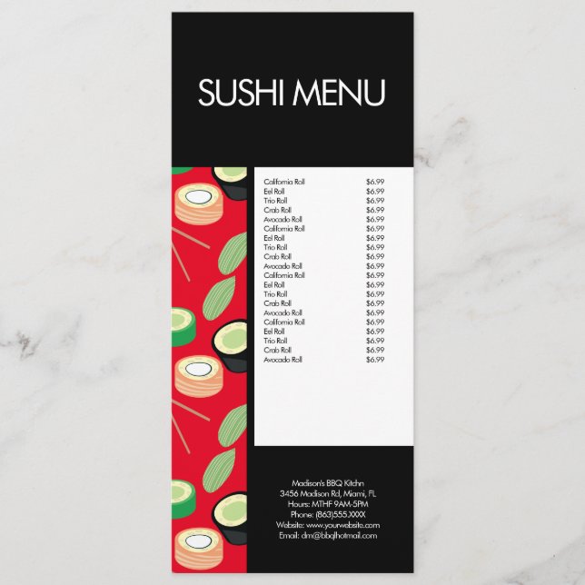 Modern Sushi Rulle Asiatisk Restaurang Mönster Röd Meny (Framsida)