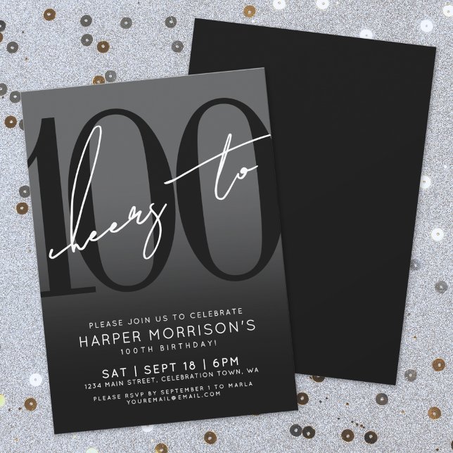 Modern svart 100:e Födelsedagsfest inbjudan (Modern Black 100th Birthday Party Invitation)