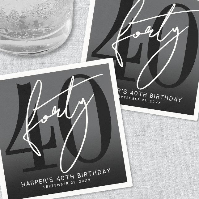Modern Svart 40-års Födelsedagsfest Pappersservett (Modern Black 40th Birthday Party Napkins)