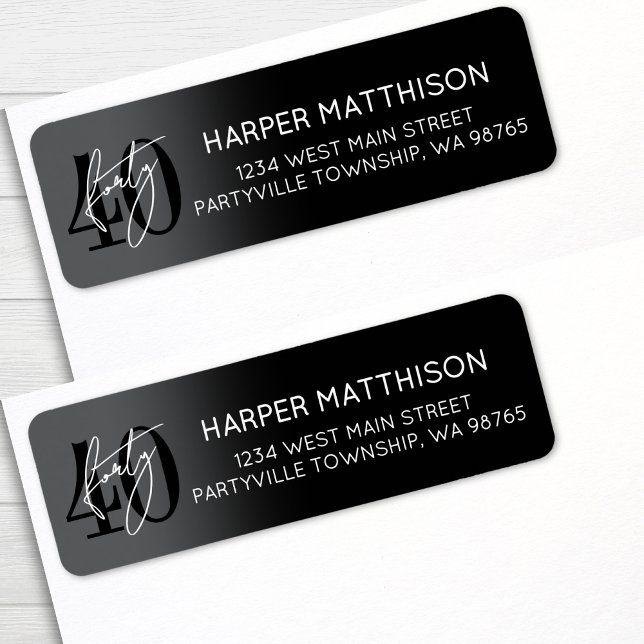 Modern Svart 40-års Födelsedagsfest Returadress Etikett (Modern Black 40th Birthday Party Return Address label)