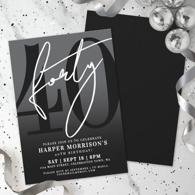 Modern svart 40-års födelsedagsinbjudan inbjudningar (Modern Black 40th Birthday Party Invitation)