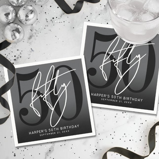 Modern Svart 50-års Födelsedagsfest Pappersservett (Modern Black 50th Birthday Party Napkins)