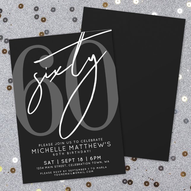 Modern svart 60-års födelsedagsfest inbjudan (Modern Black 60th Birthday Party Invitation)