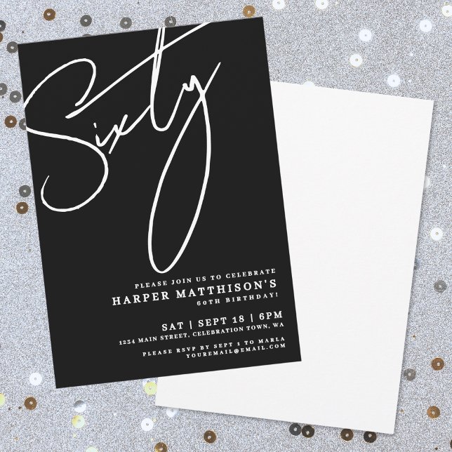 Modern Svart 60-års Födelsedagsfest Inbjudningar (Modern Black 60th Birthday Party Invitation)