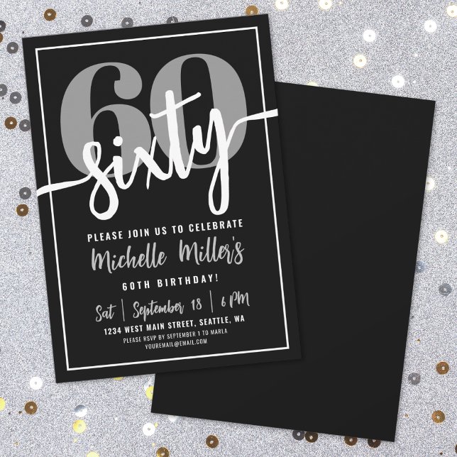 Modern Svart 60-års Födelsedagsfest Inbjudningar (Modern Black 60th Birthday Party Invitation)