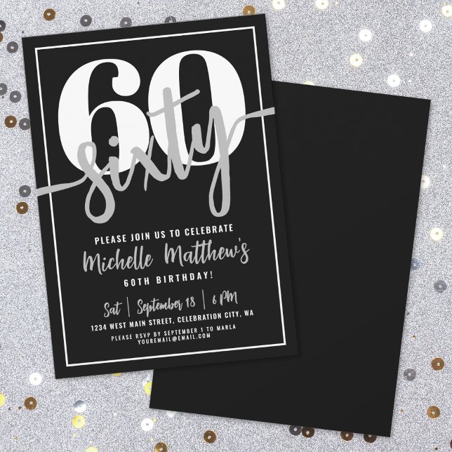 Modern Svart 60-års Födelsedagsfest Inbjudningar (Modern Black 60th Birthday Party Invitation )
