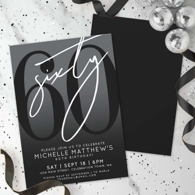 Modern svart 60-års födelsedagsinbjudan inbjudningar (Modern Black 60th Birthday Party Invitation)