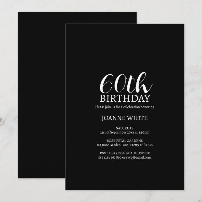 Modern svart 60:e födelsedag inbjudningar (Fram/baksida)