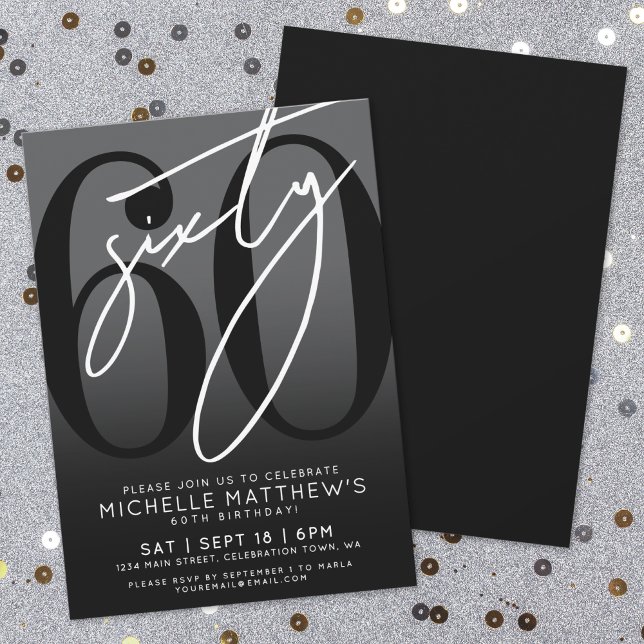 Modern svart 60:e Födelsedagsfest inbjudan (Modern Black 60th Birthday Party Invitation)