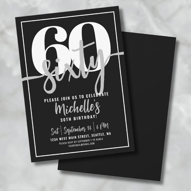 Modern svart 60:e Födelsedagsfesten Inbjudningar (Modern Black 60th Birthday Party Invitation)