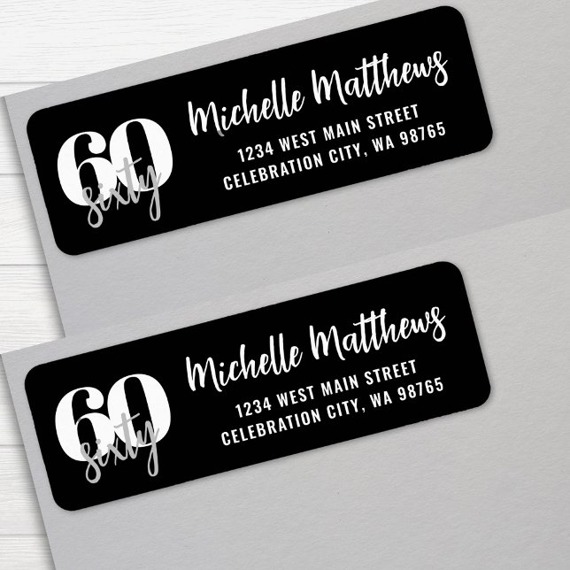 Modern svart 60:e Födelsedagsfestens Returadress Returadress Etikett (Modern Black 60th Birthday Party Return Address label)