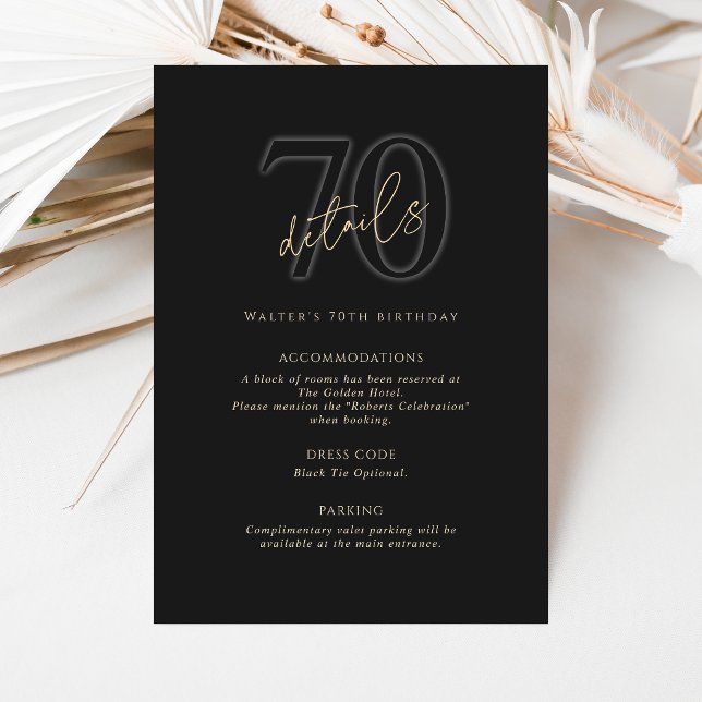 Modern svart 70-årsfirande detaljerad inbjudan (Modern Black Gold 70th Birthday Party Details Card)