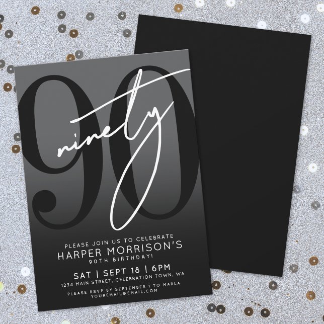 Modern svart 90-års födelsedagsinbjudan inbjudningar (Modern Black 90th Birthday Party Invitation)
