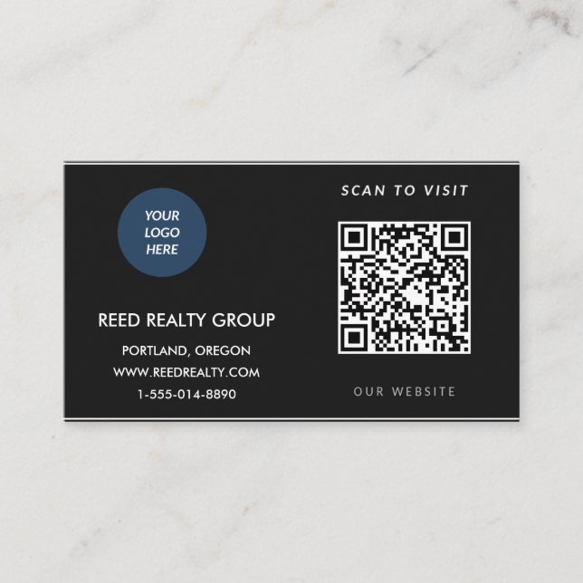 Modern svart anpassad logotyp QR-kod näringskort Visitkort (Framsida)