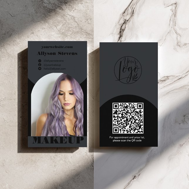 Modern svart bågmakeup qr-kod logotyp visitkort (Modern arch makeup black photo qr code logo business card)