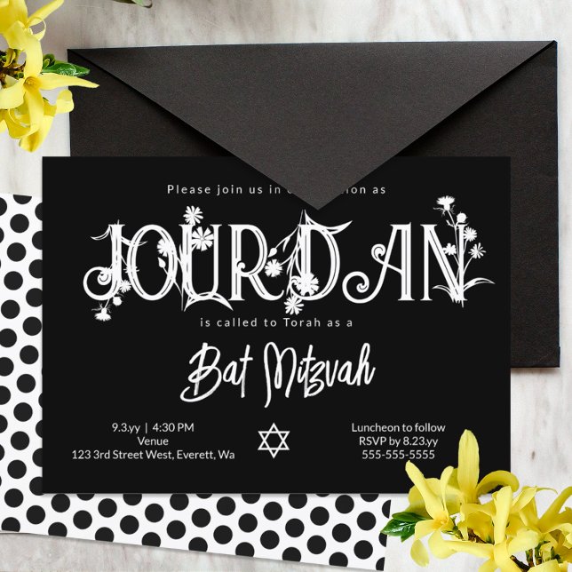 Modern svart Bat mitzvah Vild blomma Inbjudningar (black and white polka dot floral bat mitzvah party invitations)