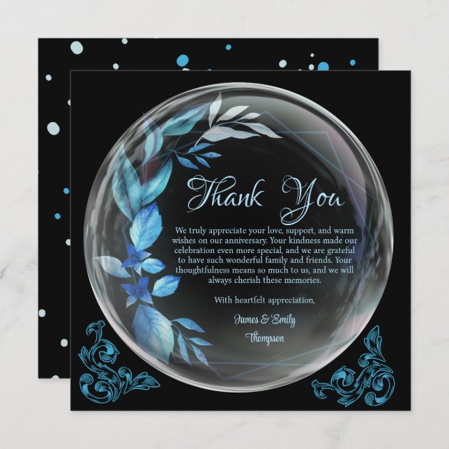 Modern svart blå blomstermilstol årsdag tack kort (Fram/baksida)