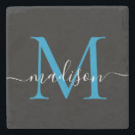 Modern svart, blå monogram, feminint skript Namn Stenunderlägg<br><div class="desc">Elegant Black Ocean Bright Blue Monogram Feminine Script Namn Stone Underlägg</div>