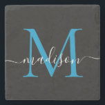 Modern svart, blå monogram, feminint skript Namn Stenunderlägg<br><div class="desc">Elegant Black Ocean Bright Blue Monogram Feminine Script Namn Stone Underlägg</div>