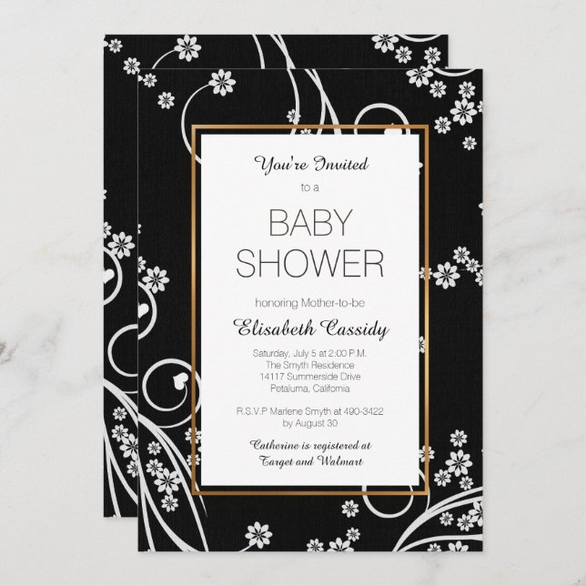 Modern svart blom- guld- baby showerinbjudan inbjudningar (Fram/baksida)