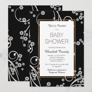 Modern svart blom- guld- baby showerinbjudan inbjudningar
