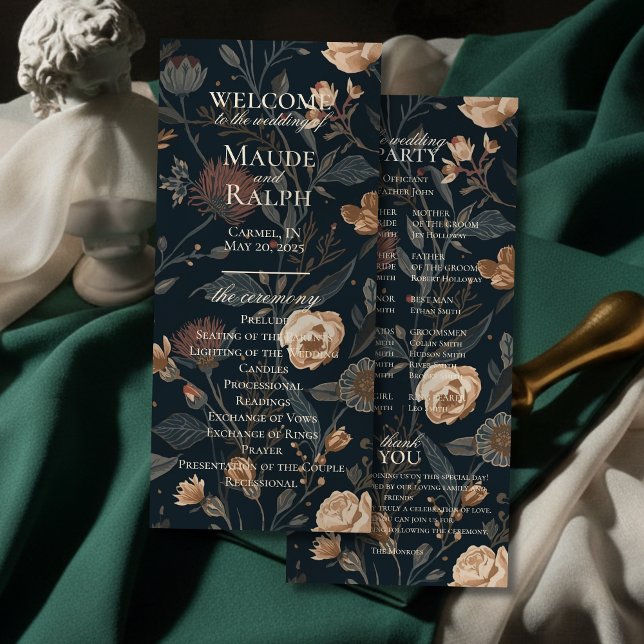Modern Svart Blommig Bröllopsceremoni Program (Guide your guests through your ceremony in timeless style with this Contemporary Wedding Program!)