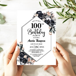Modern svart Blommigt, 100:e Födelsedagsfesten Inbjudningar