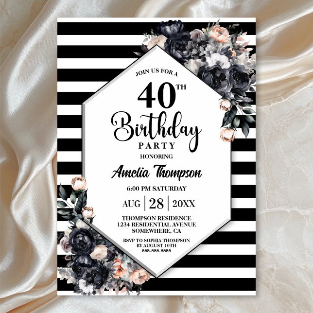 Modern svart Blommigt, 40:e födelsedagen Party Inbjudningar (Skapare uppladdad)