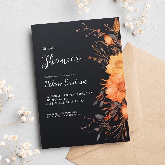 Modern svart Blommigt - fallande Möhippa Inbjudningar (Modern Black Floral Fall Bridal Shower Invitation)