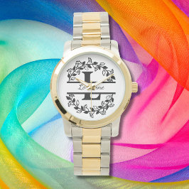Modern svart blomsterkrans delad monogram "L" Armbandsur