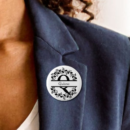 Modern svart blomsterkrans delad monogram "Q rund Knapp