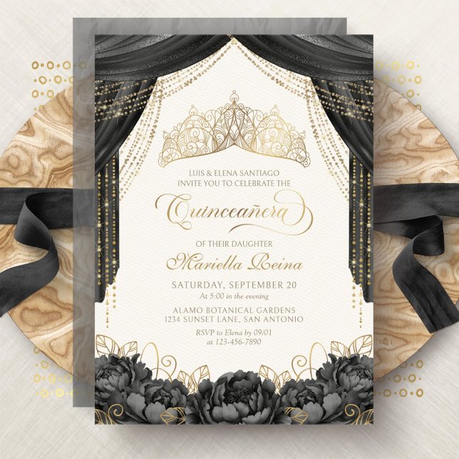 Modern svart blomsterkrans Quinceanera Inbjudningar (Skapare uppladdad)