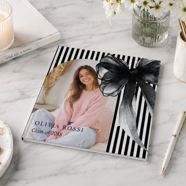 Modern svart bow coquette-examen  gästböcker (Elegant Black Bow graduation Guest Book)