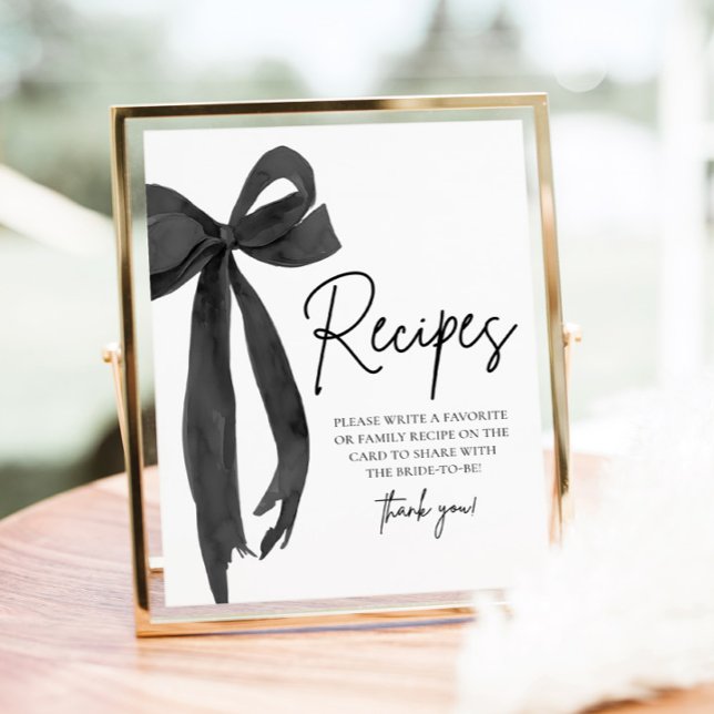 Modern svart bow hon knyter knuten recept skylt (Modern Black Bow She's Tying the Knot Recipes Sign)