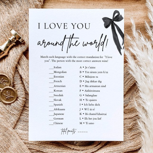 Modern svart bow jag älskar dig runt om i världen  inbjudningar (Modern Black Bow I Love You Around the World Game)