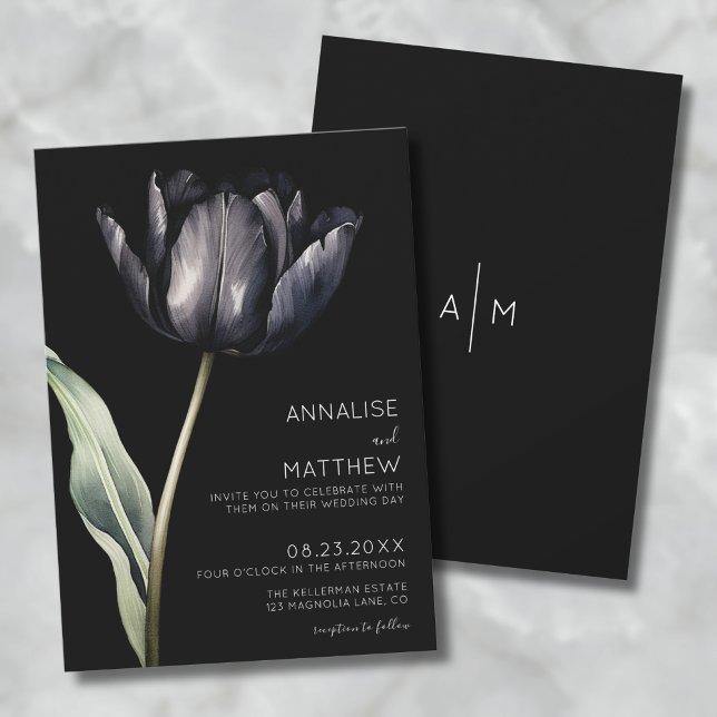 Modern svart Bröllop i färglös enkel Elegant Inbjudningar (Flower Simple Elegant Modern Black Wedding Invitation )
