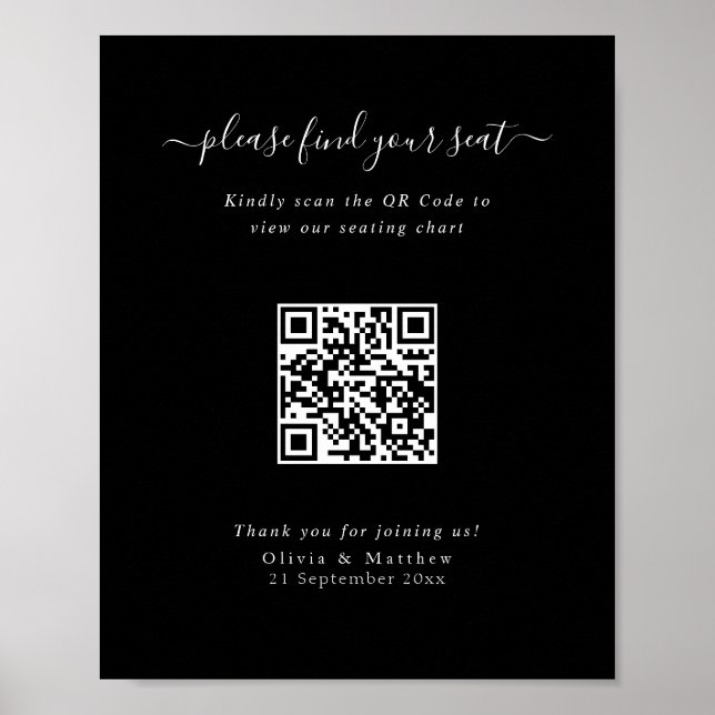 Modern svart bröllops QR-kod Platskarta affisch (Framsidan)