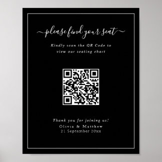 Modern svart bröllops QR-kod Platskarta poster