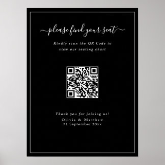 Modern svart bröllops QR-kod sittplatskarta affisc Poster