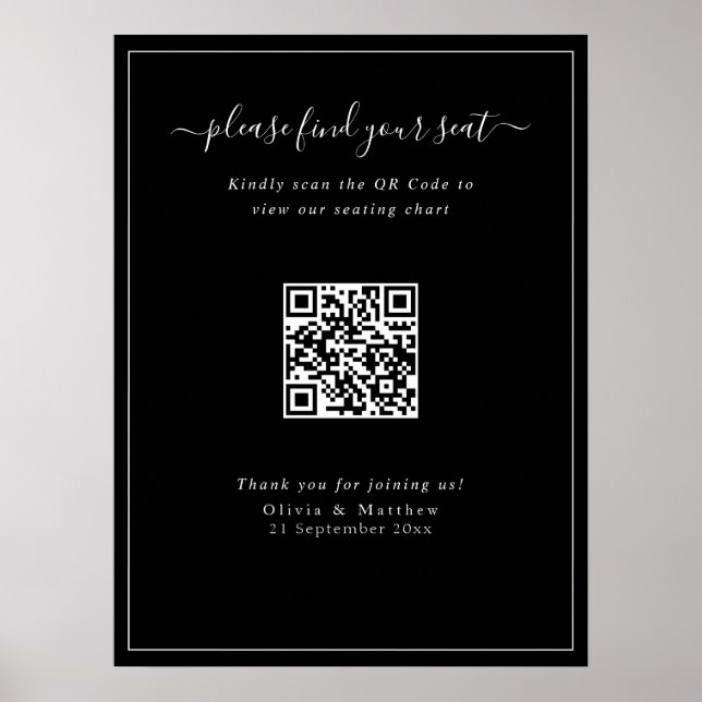 Modern svart bröllops QR-kod sittplatskarta affisc Poster (Framsidan)
