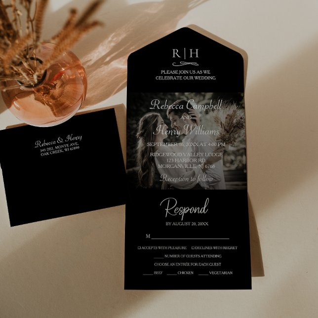 Modern Svart Bröllopsfoto | Monogram RSVP (Simplify your wedding with our all-in-one invitation – convenience and beauty in a single card.)