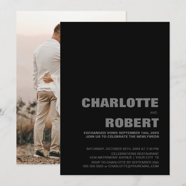 Modern Svart Bröllopsmottagning Inbjudningar (Fram/baksida)