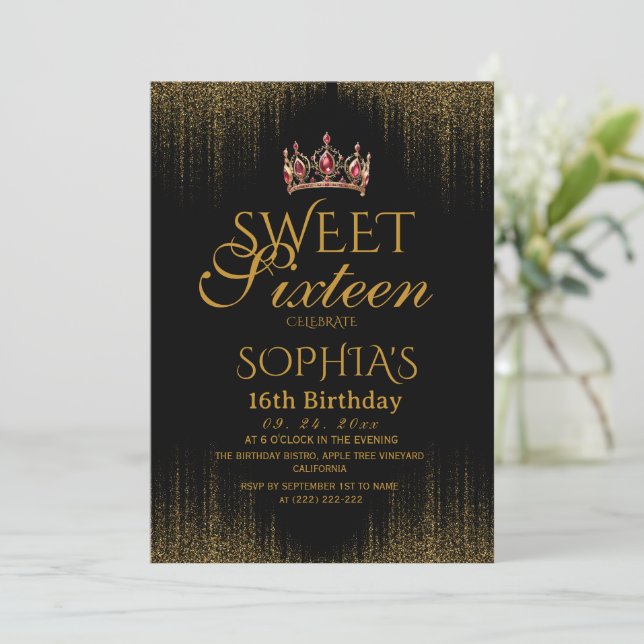 Modern Svart Chic Sweet 16 Födelsedag Inbjudningar (Stående Fram)