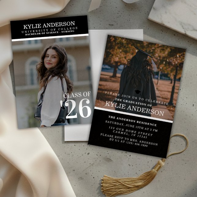 Modern svart collegetexamen senior foto inbjudningar (Modern Black College Graduation Senior Photo Invitation)