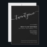 Modern svart Elegant 21:a födelsedag Inbjudningar<br><div class="desc">Modern svart och vit inbjudan på 21:a födelsedagen. Mall för minimalistisk 21-årsinbjudan med kalligrafi av elegantens handskrivna skriptteckensnitt.</div>