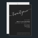 Modern svart Elegant 21:a födelsedag Inbjudningar<br><div class="desc">Modern svart och vit inbjudan på 21:a födelsedagen. Mall för minimalistisk 21-årsinbjudan med kalligrafi av elegantens handskrivna skriptteckensnitt.</div>