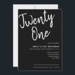 Modern svart Elegant 21:a födelsedag Inbjudningar<br><div class="desc">Modern svart och vit inbjudan på 21:a födelsedagen. Mall för minimalistisk 21-årsinbjudan med kalligrafi av elegantens handskrivna skriptteckensnitt.</div>